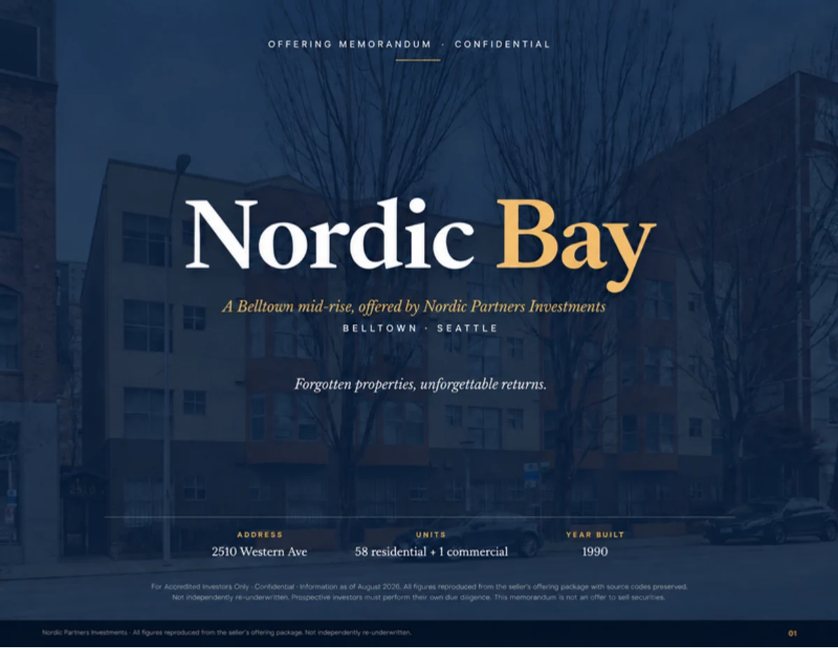 Nordic Bay cover: a Belltown mid-rise at 2510 Western Ave, Seattle. 58 residential units plus 1 commercial, built 1990.